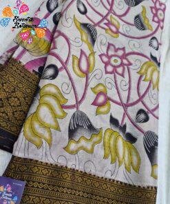Alternative view of Off-white and Floral Designer Rose Pink With Yellow Premium Kotta Cotton Kalamkari Saree