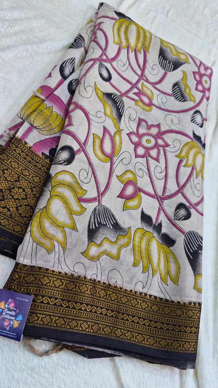 Off-white and Floral Designer Rose Pink With Yellow Kalamkari Silk Saree With Kanchi Border Off-white and Floral Designer Rose Pink With Yellow Kalamkari Silk Saree With Kanchi Border - Image 2