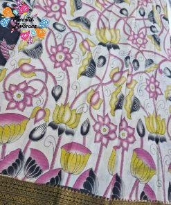 Off-white and Floral Designer Rose Pink With Yellow Kalamkari Silk Saree With Kanchi Border