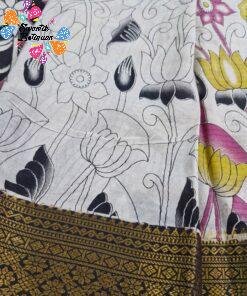 Off-white and Floral Designer Rose Pink With Yellow Kalamkari Silk Saree With Kanchi Border