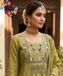 Alternative view of Olive Green Premium Bird Designer  Embroidery Neck work Ready-Made Shalwar Suit
