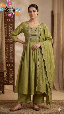 Olive Green Premium Bird Designer  Embroidery Neck work Ready-Made Shalwar Suit
