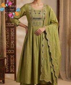 Olive Green Premium Bird Designer Embroidery Neck work Ready-Made Shalwar Suit