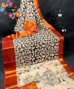 Charcoal Black and Beige Premium Kotta Cotton Kalamkari Saree