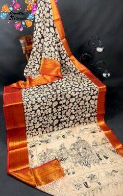 Charcoal Black and Beige Premium Kotta Cotton Kalamkari Saree