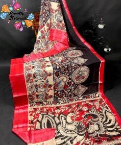 Off-white and Deep Red Premium Kotta Cotton Kalamkari Saree