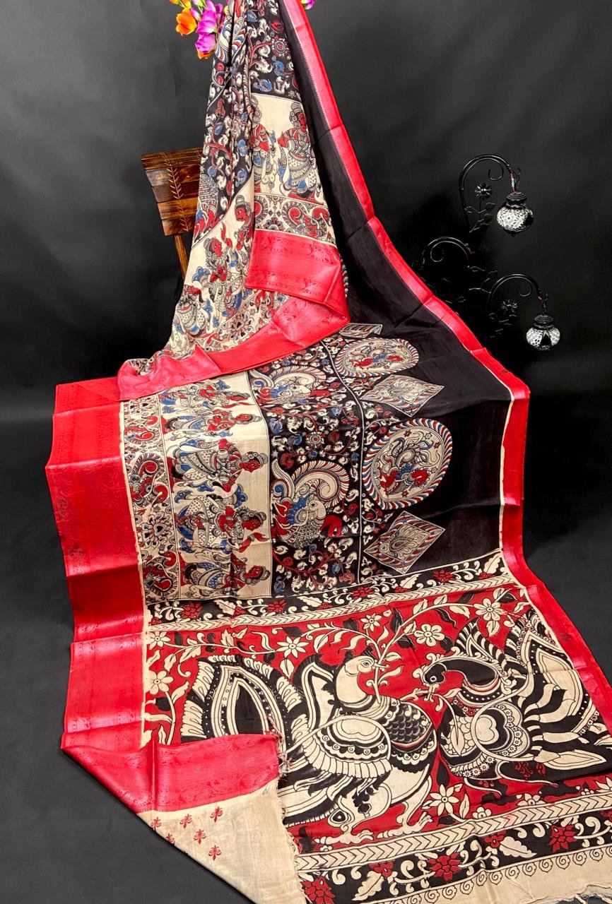 Black and White Kalamkari Silk Saree With Kanchi Border Black and White Kalamkari Silk Saree With Kanchi Border