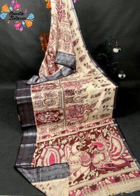 Deep Wine and Beige Premium Kotta Cotton Kalamkari Saree
