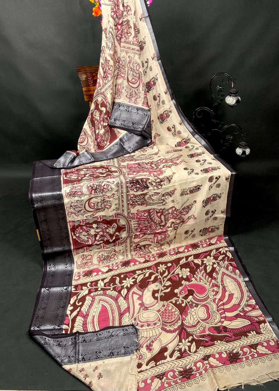 Deep Wine and Beige Kalamkari Silk Saree With Kanchi Border Deep Wine and Beige Kalamkari Silk Saree With Kanchi Border