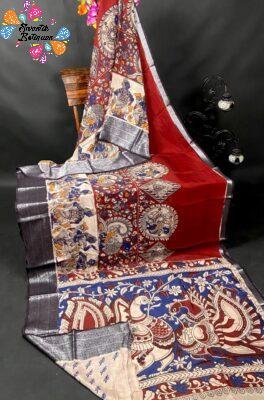 Maroon and Beige Kalamkari Silk Saree With Kanchi Border
