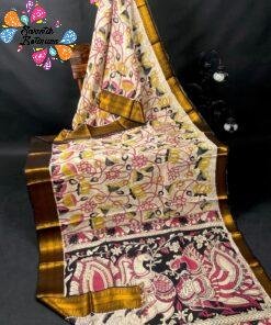 Off-white and Floral Designer Rose Pink With Yellow Premium Kotta Cotton Kalamkari Saree