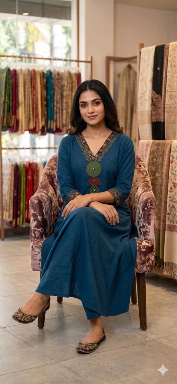 Mirror Designer Rich Teal Blue and Green Premium Dabu Cotton Co-ord Set Mirror Designer Rich Teal Blue and Green Premium Dabu Cotton Co-ord Set - Image 3