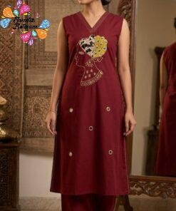 Maroon and Yellow Premium Dabu Cotton Co-ord Set