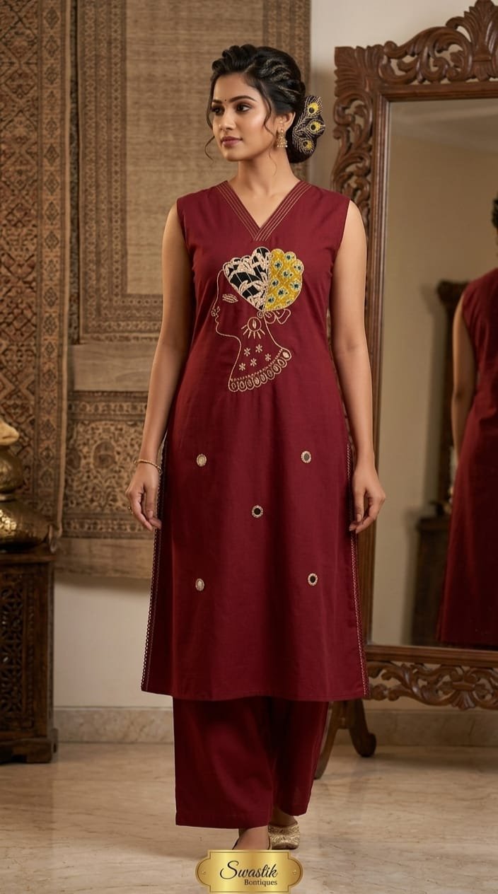 Maroon and Yellow Premium Dabu Cotton Co-ord Set Maroon and Yellow Premium Dabu Cotton Co-ord Set