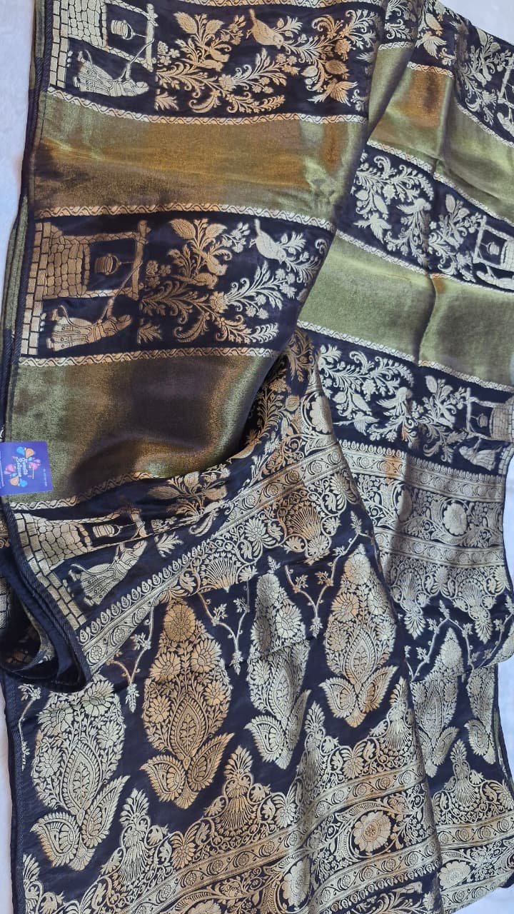 Black with Vintage Gold Weave Premium Banarasi Semi Silk Saree Black with Vintage Gold Weave Premium Banarasi Semi Silk Saree - Image 7