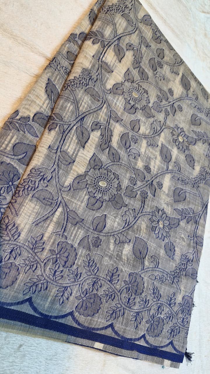 Off-White and Dusty Blue Premium Linen Cotton Saree Off-White and Dusty Blue Premium Linen Cotton Saree