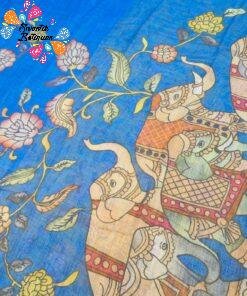 Royal Blue Elephant Designer Premium Linen Cotton Saree