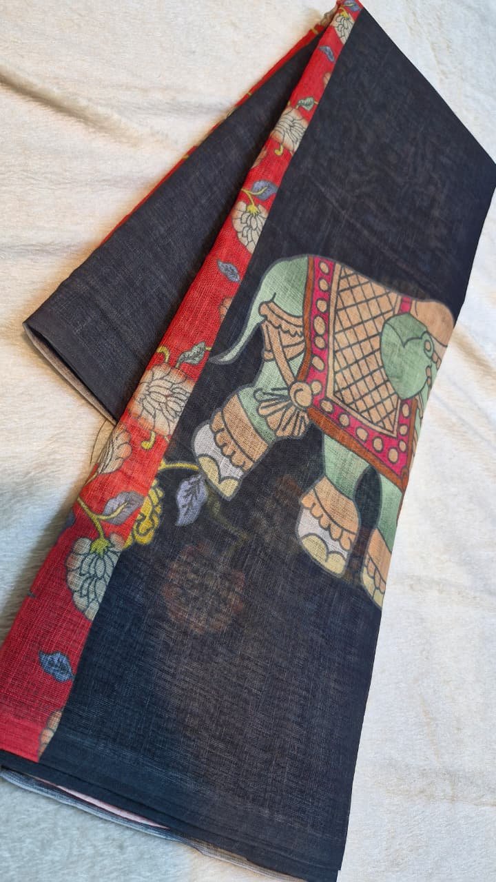 Black Elephant Designer Premium Linen Cotton Saree Black Elephant Designer Premium Linen Cotton Saree - Image 2