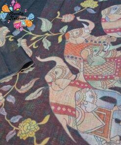 Deep Coffee Brown Elephant Designer Premium Linen Cotton Saree Deep Coffee Brown Elephant Designer Premium Linen Cotton Saree