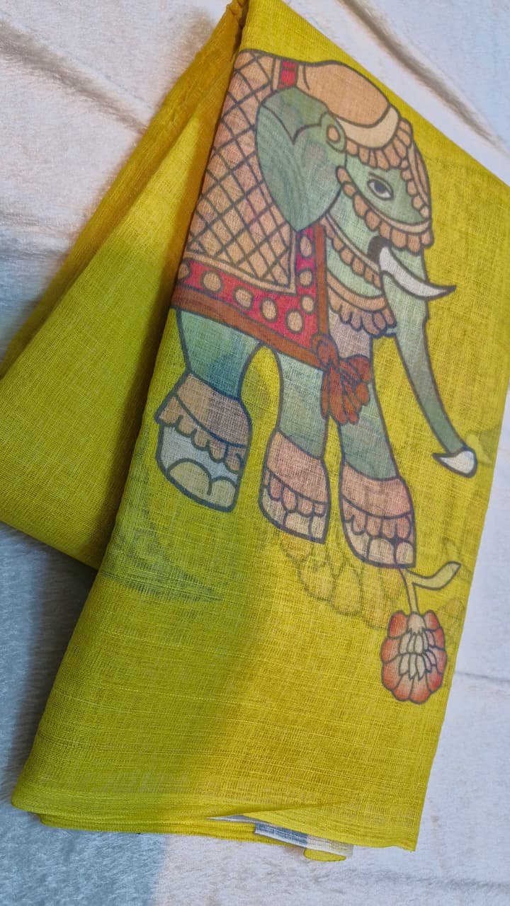Turmeric Yellow Elephant Designer Premium Linen Cotton Saree Turmeric Yellow Elephant Designer Premium Linen Cotton Saree - Image 3
