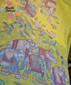 Turmeric Yellow Elephant Designer Premium Linen Cotton Saree Turmeric Yellow Elephant Designer Premium Linen Cotton Saree