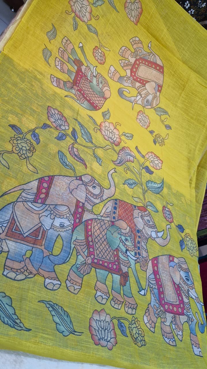 Turmeric Yellow Elephant Designer Premium Linen Cotton Saree Turmeric Yellow Elephant Designer Premium Linen Cotton Saree - Image 4