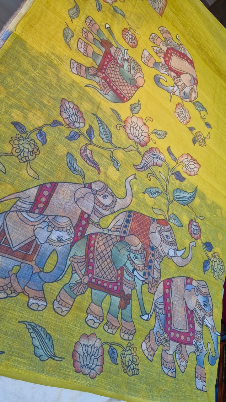 Turmeric Yellow Elephant Designer Premium Linen Cotton Saree Turmeric Yellow Elephant Designer Premium Linen Cotton Saree - Image 6