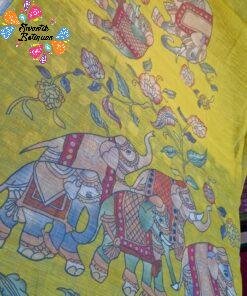 Turmeric Yellow Elephant Designer Premium Linen Cotton Saree
