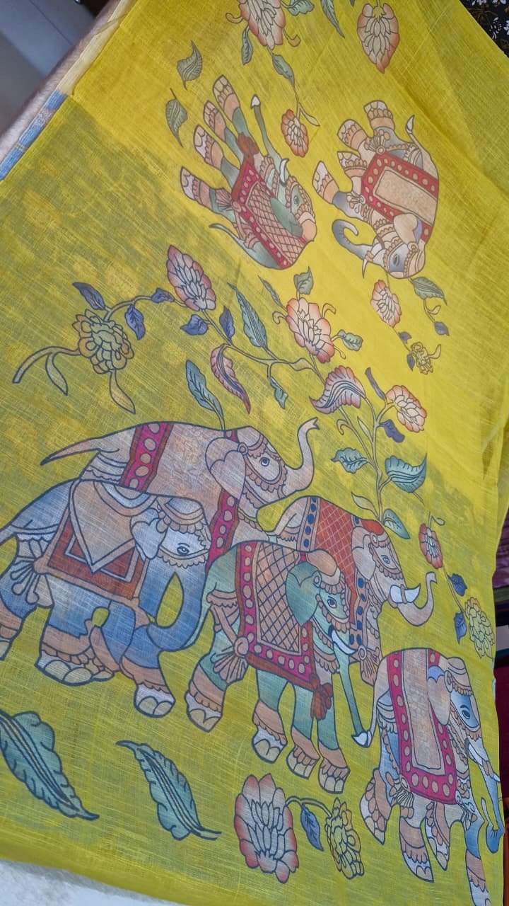 Turmeric Yellow Elephant Designer Premium Linen Cotton Saree Turmeric Yellow Elephant Designer Premium Linen Cotton Saree - Image 5