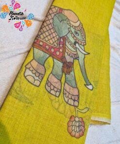 Alternative view of Turmeric Yellow  Elephant Designer Premium Linen Cotton Saree