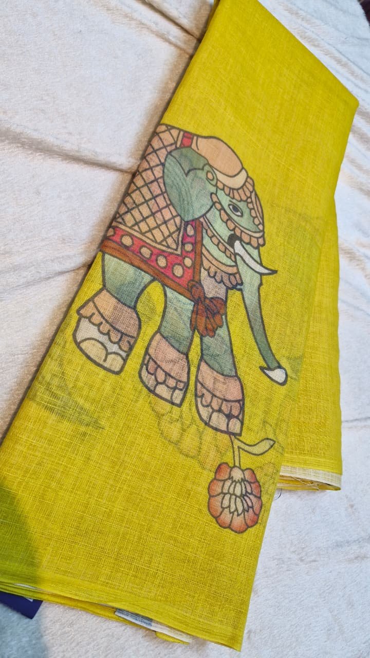 Turmeric Yellow Elephant Designer Premium Linen Cotton Saree Turmeric Yellow Elephant Designer Premium Linen Cotton Saree - Image 2