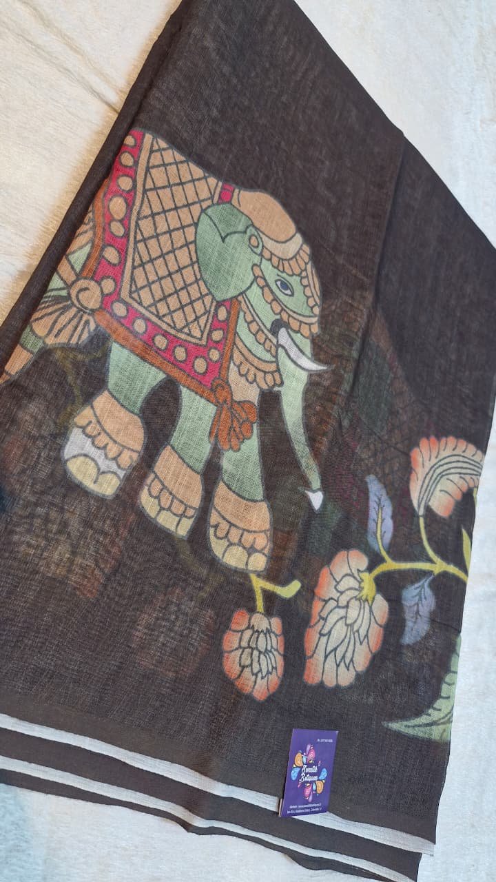 Deep Coffee Brown Elephant Designer Premium Linen Cotton Saree Deep Coffee Brown Elephant Designer Premium Linen Cotton Saree - Image 2