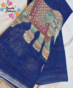 Indigo Blue Elephant Designer Premium Linen Cotton Saree Indigo Blue Elephant Designer Premium Linen Cotton Saree