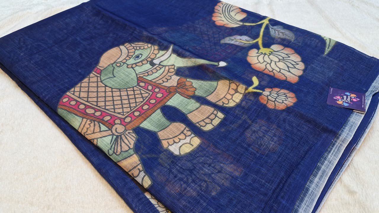 Indigo Blue Elephant Designer Premium Linen Cotton Saree Indigo Blue Elephant Designer Premium Linen Cotton Saree - Image 4