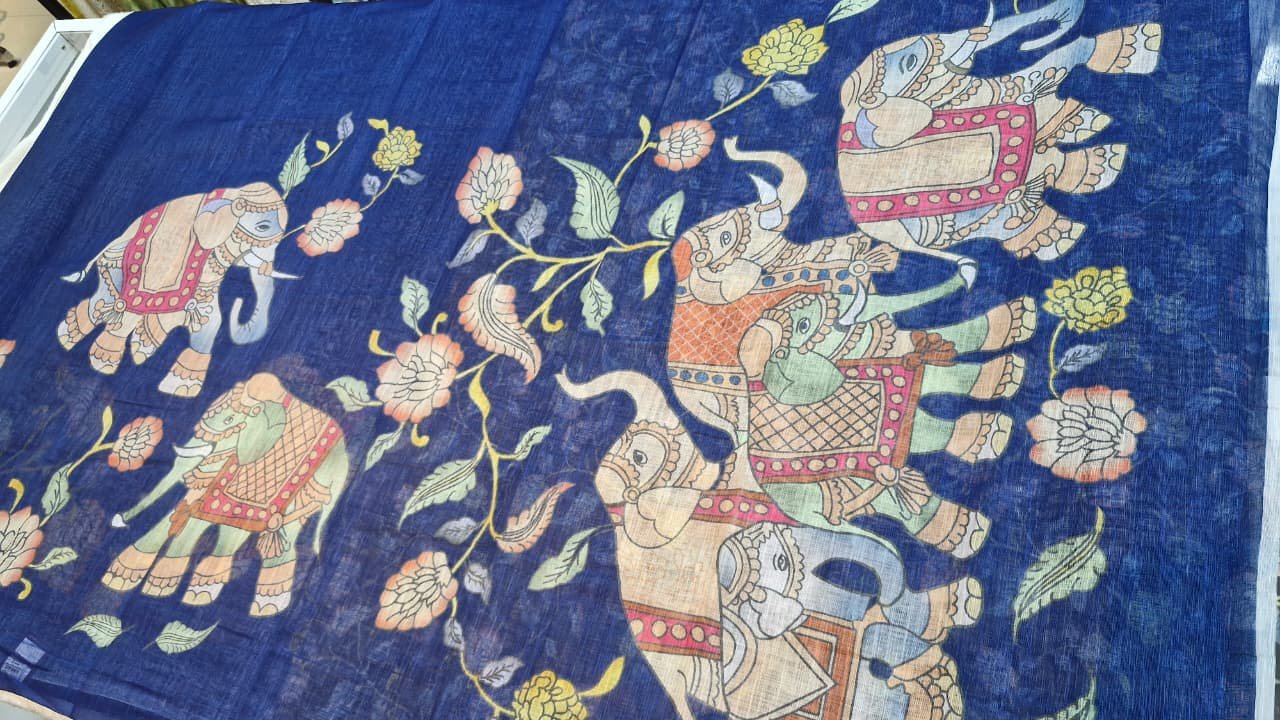 Indigo Blue Elephant Designer Premium Linen Cotton Saree Indigo Blue Elephant Designer Premium Linen Cotton Saree - Image 7