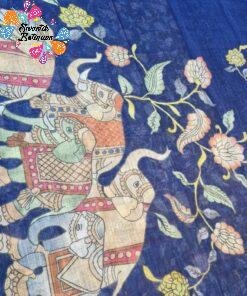Indigo Blue Elephant Designer Premium Linen Cotton Saree