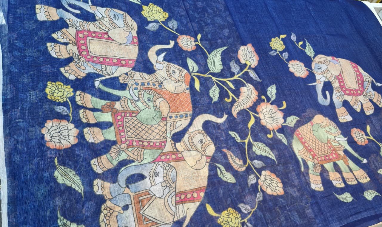Indigo Blue Elephant Designer Premium Linen Cotton Saree Indigo Blue Elephant Designer Premium Linen Cotton Saree - Image 11