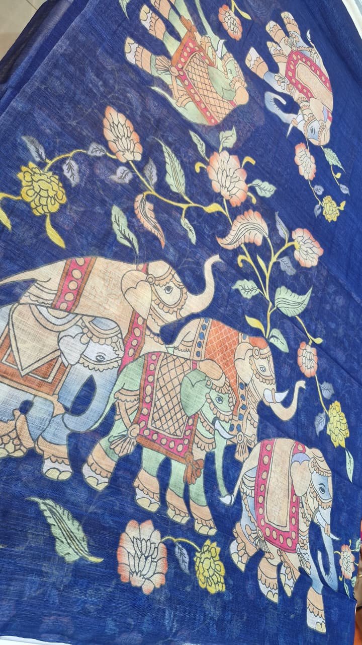 Indigo Blue Elephant Designer Premium Linen Cotton Saree Indigo Blue Elephant Designer Premium Linen Cotton Saree - Image 9