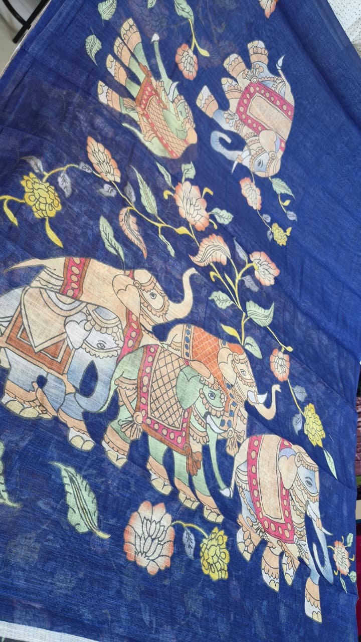 Indigo Blue Elephant Designer Premium Linen Cotton Saree Indigo Blue Elephant Designer Premium Linen Cotton Saree - Image 5