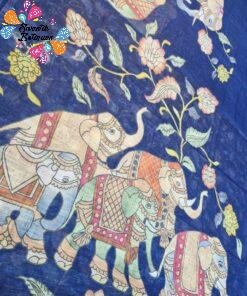Indigo Blue Elephant Designer Premium Linen Cotton Saree