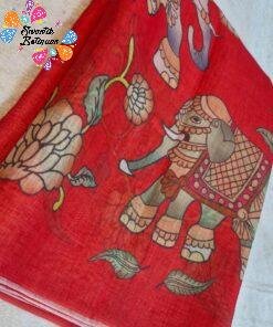 Deep Coral Red Elephant Designer Premium Linen Cotton Saree Deep Coral Red Elephant Designer Premium Linen Cotton Saree