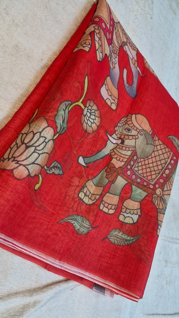 Deep Coral Red Elephant Designer Premium Linen Cotton Saree Deep Coral Red Elephant Designer Premium Linen Cotton Saree - Image 4