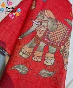 Deep Coral Red Elephant Designer Premium Linen Cotton Saree Deep Coral Red Elephant Designer Premium Linen Cotton Saree