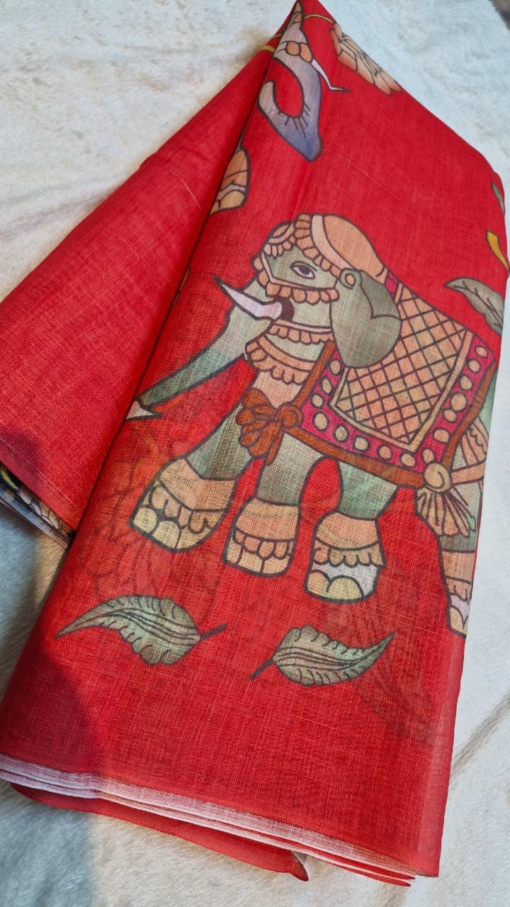 Deep Coral Red Elephant Designer Premium Linen Cotton Saree Deep Coral Red Elephant Designer Premium Linen Cotton Saree - Image 3
