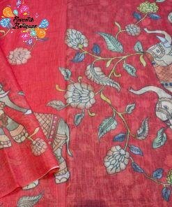 Deep Coral Red Elephant Designer Premium Linen Cotton Saree Deep Coral Red Elephant Designer Premium Linen Cotton Saree