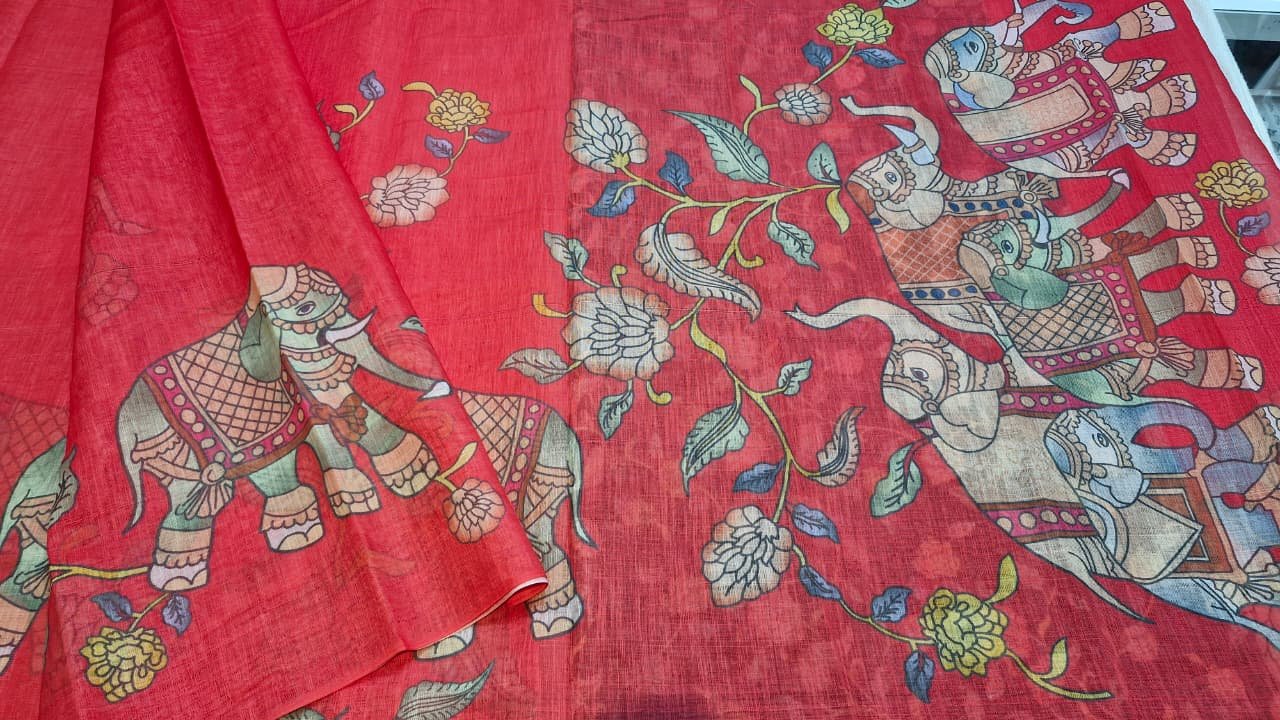 Deep Coral Red Elephant Designer Premium Linen Cotton Saree Deep Coral Red Elephant Designer Premium Linen Cotton Saree - Image 9