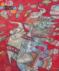 Deep Coral Red Elephant Designer Premium Linen Cotton Saree Deep Coral Red Elephant Designer Premium Linen Cotton Saree