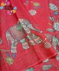 Deep Coral Red Elephant Designer Premium Linen Cotton Saree Deep Coral Red Elephant Designer Premium Linen Cotton Saree