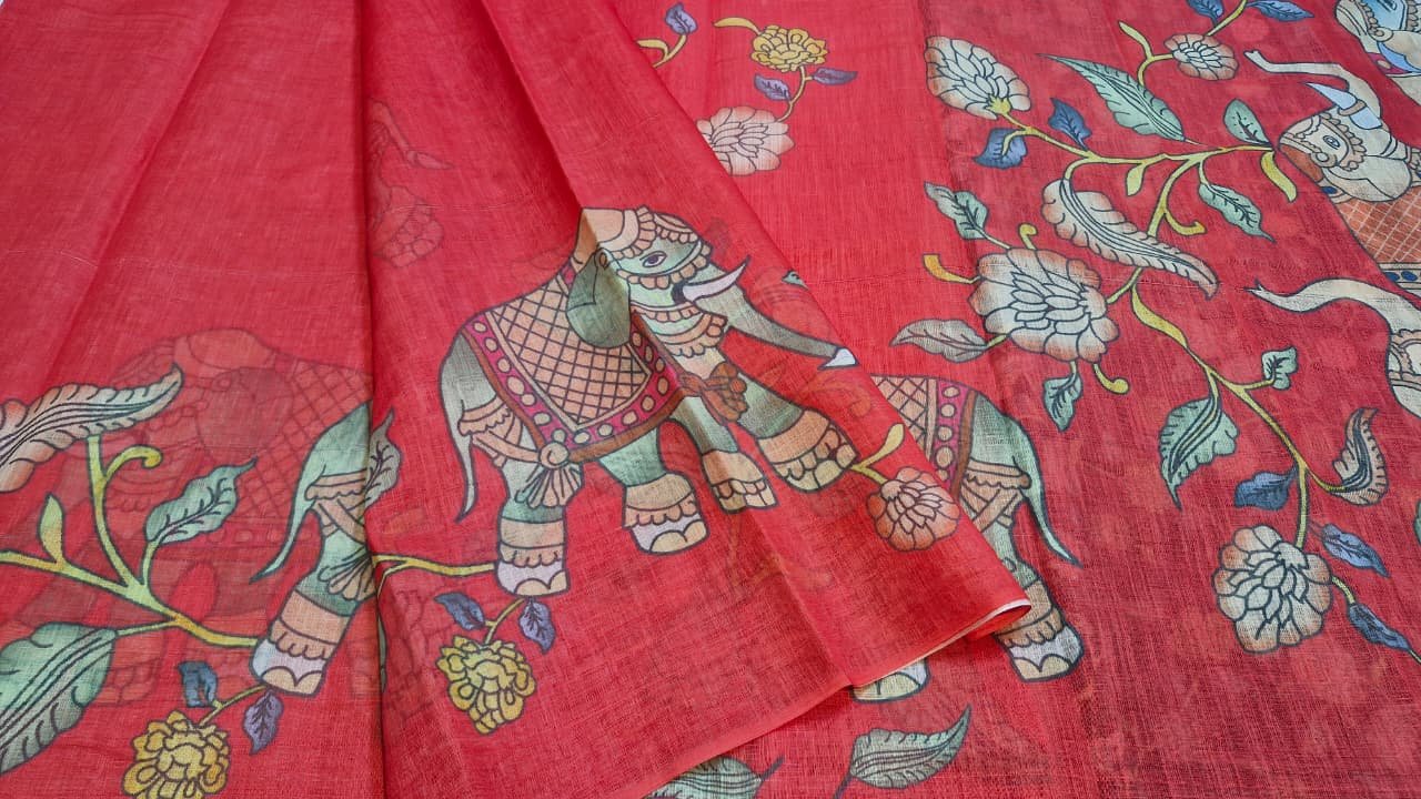 Deep Coral Red Elephant Designer Premium Linen Cotton Saree Deep Coral Red Elephant Designer Premium Linen Cotton Saree - Image 6