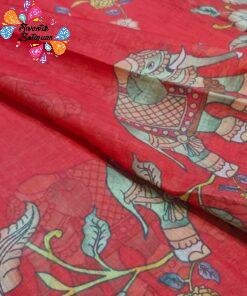 Deep Coral Red Elephant Designer Premium Linen Cotton Saree Deep Coral Red Elephant Designer Premium Linen Cotton Saree